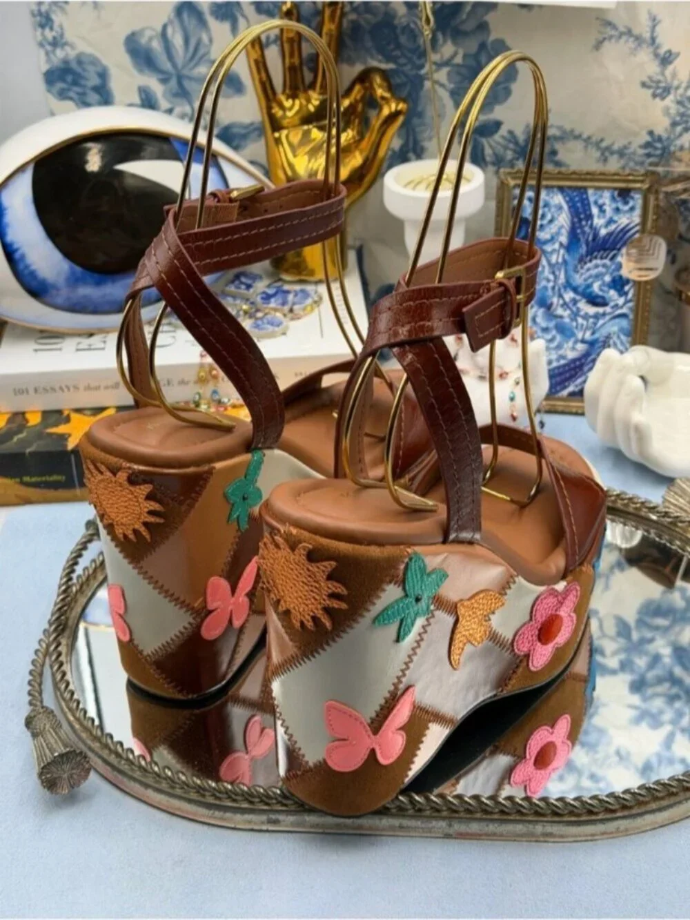 🆕 KURT GEIGER LONDON 🧿 NWOB Patchwork Platform Wedge Heel, Brown - Sz 37 US 7